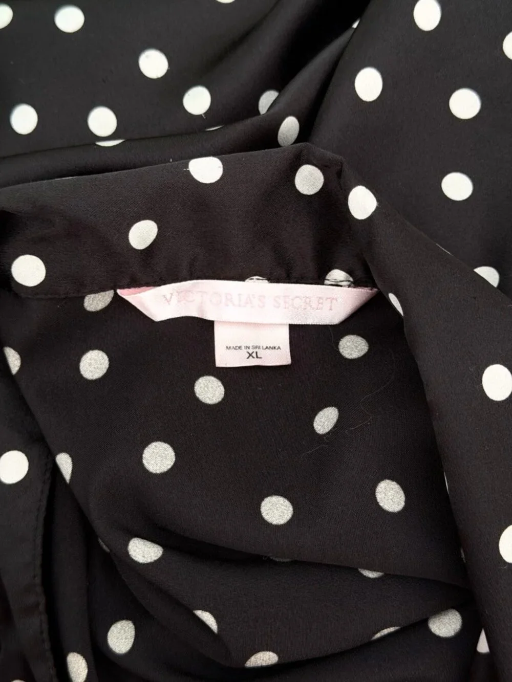 Victoria's Secret Black Polka Dot Satin Nightshirt Sleep Shirt Button Front XL